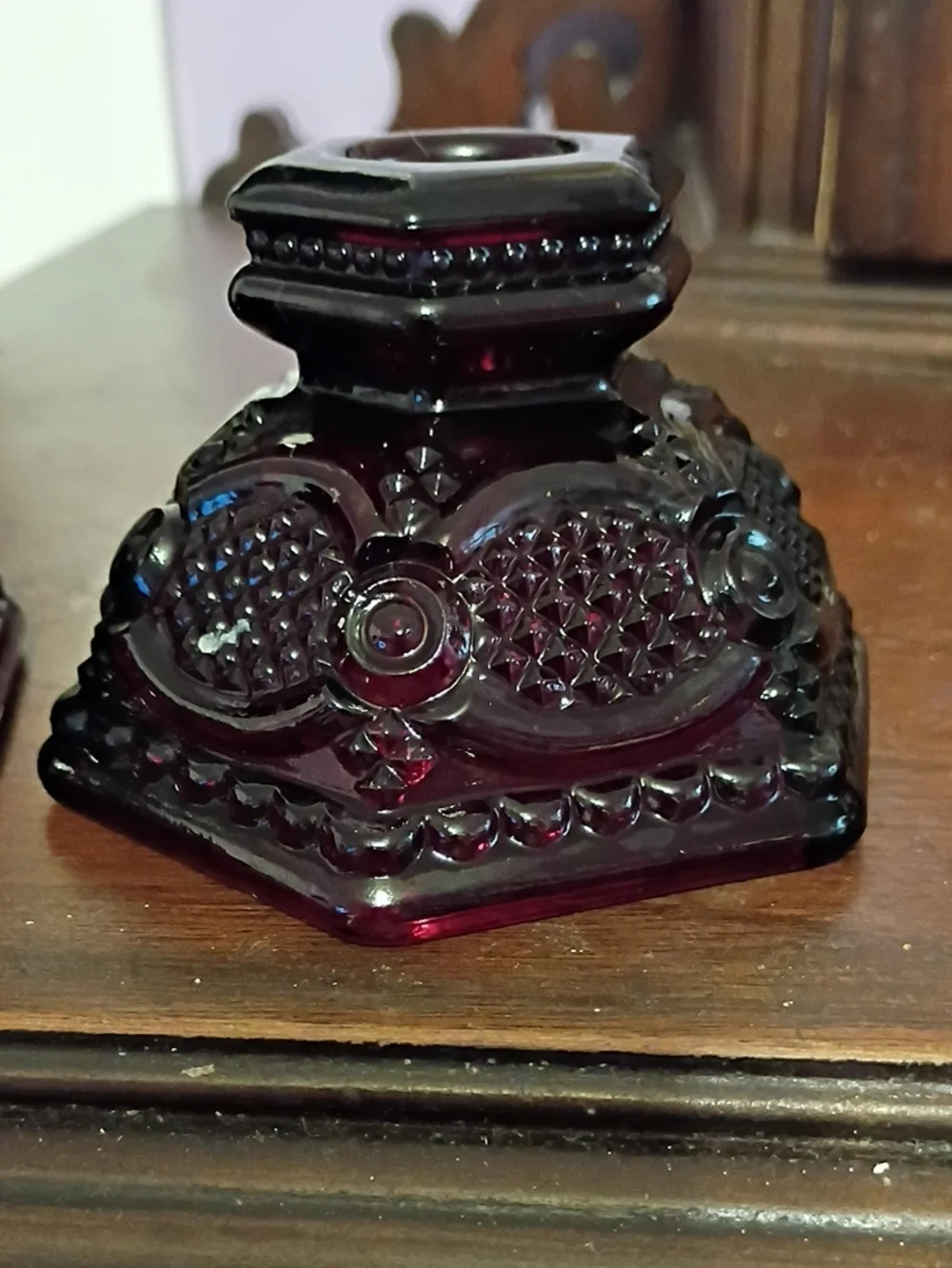 Vintage Avon Cape Cod. Ruby Red Pressed Glass Candlestick Holders - Pair